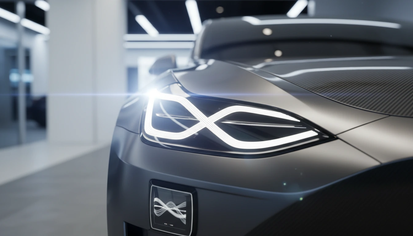 Immagine promozionale del brand automobilistico TES: auto elettrica di lusso su strada panoramica, design innovativo ed ecosostenibile.